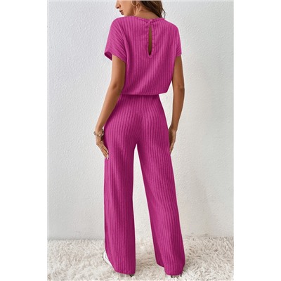 Rose Red Solid Color Ribbed Short Sleeve Wide Leg Jumpsuit