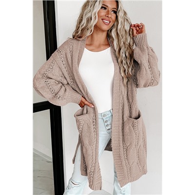 Apricot Ribbed Trim Eyelet Cable Knit Cardigan