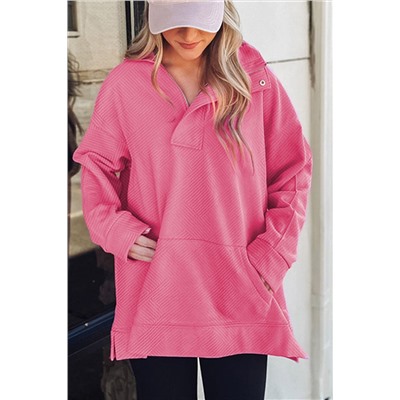 Bright Pink Textured Zipped Neckline Kangaroo Pocket Sweatshirt