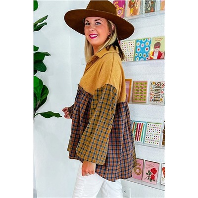 Mustard Contrast Plaid Print Puff Sleeve Shirt