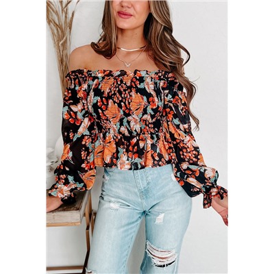 Black Off The Shoulder Smocked Floral Top