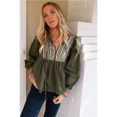 Green Embroidered Split Neck Pleated Loose Blouse