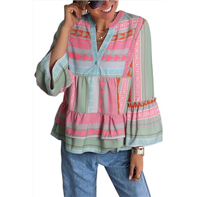 Multicolour Boho Geometric Print Split Neck Ruffle Blouse