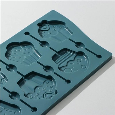 Форма для леденцов Доляна «Капкейк», силикон, 27,5×16,5 см, 6 ячеек (6×7 см), с палочками, цвет МИКС