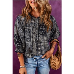 Navy Blue Vintage Boho Paisley Print 3/4 Sleeve Blouse