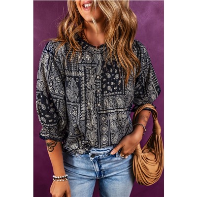 Navy Blue Vintage Boho Paisley Print 3/4 Sleeve Blouse