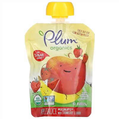 Plum Organics, яблочное пюре с клубникой и бананом, 4 пакетика, по 90 г (3,17 унции) каждый