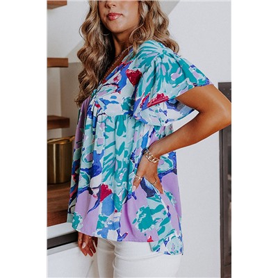 Sky Blue Abstract Print V Neck Flutter Sleeve Blouse