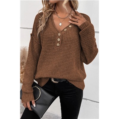 Coffee Pointelle Knit Button V Neck Drop Shoulder Sweater