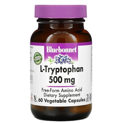 Bluebonnet Nutrition, L-триптофан, 500 мг, 60 растительных капсул