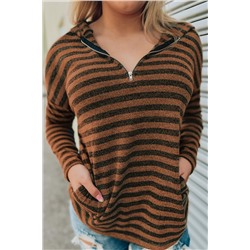 Коричневый полосатый пуловер с молнией спереди и карманами