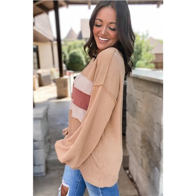 Light French Beige Colorblock Rib Corded Sweatshirt