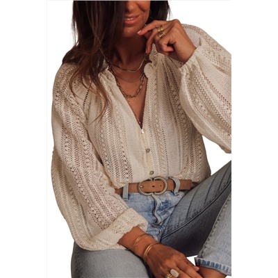 White Plus Size Lace Hollow Out V-Neck Button Up Shirt