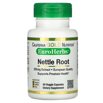 California Gold Nutrition, EuroHerbs, экстракт корня крапивы, 250 мг, 60 растительных капсул