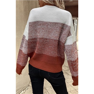 Brown Color Block Drop Shoulder Ribbed Trim Sweater