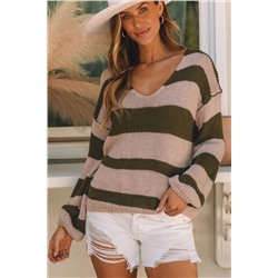 Green Striped Colorblock Knit V Neck Loose Fit Sweater