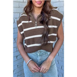 Brown Stripe Zipped Collar Cap Sleeve Knit Top