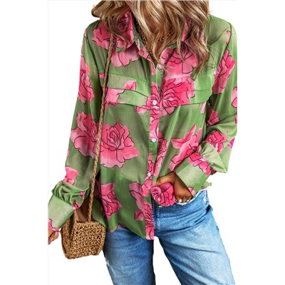 Green Floral Print Pleated Detail Puff Sleeve Shirt