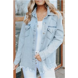 Sky Blue Flap Pocket Buttoned Raw Hem Denim Jacket