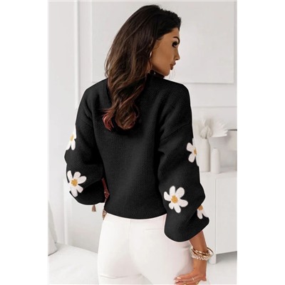 Black Floral Pattern Drop Shoulder Sweater