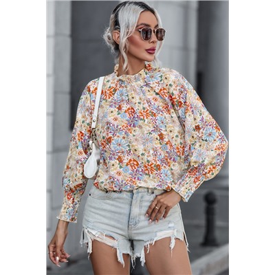 Multicolor Shirred Cuffs Bubble Sleeve Floral Blouse