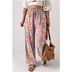 Pink Floral Smocked Waist Loose Pants