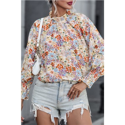 Multicolor Shirred Cuffs Bubble Sleeve Floral Blouse