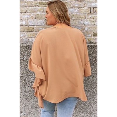 Smoke Gray Plus Size Ruffled Batwing Sleeve V Neck Blouse