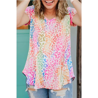 Colorful Leopard V Neck Short Sleeve Top