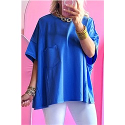 Blue Patched Pocket Exposed Seam Oversize T-shirt
