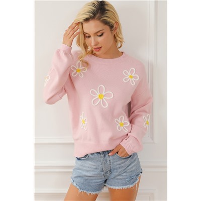 Pink Chenille Daisy Stitching Crew Neck Sweater