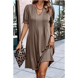 Desert Palm Notched Neck Pleated Puff Sleeve Shift T-shirt Dress