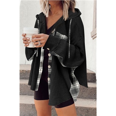 Black Waffle Knit Plaid Patchwork Drawstring Hooded Shacket