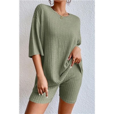 Green Plain Ribbed Loose Fit Two Piece Lounge Set