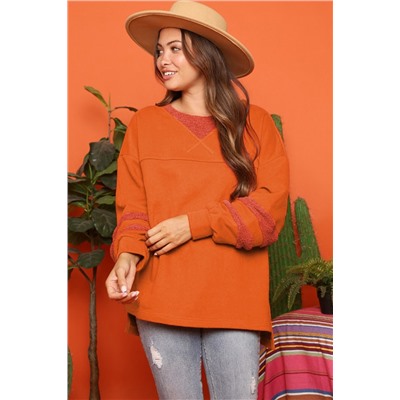 Carrot Fleece Patchwork Side Slits High Low Sweatshirt