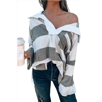 Stripe Oversized Collared Long Sleeve Top