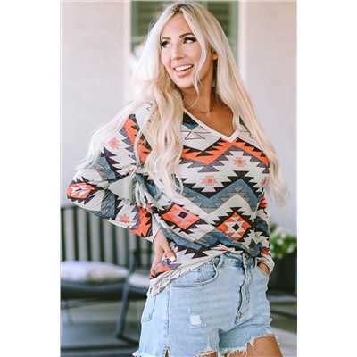 Multicolor Aztec Print V Neck Long Sleeve Top