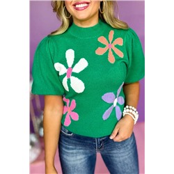 Bright Green Floral Bubble Short Sleeve Sweater