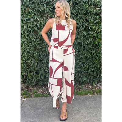 White Abstract Printed Button Back Vest and Wide Leg Pants Set