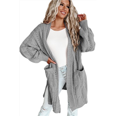 Gray Ribbed Trim Eyelet Cable Knit Cardigan