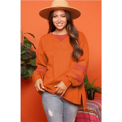 Carrot Fleece Patchwork Side Slits High Low Sweatshirt