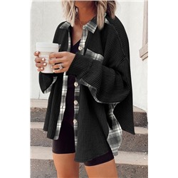 Black Plaid Patchwork Waffle Thermal Knit Shacket