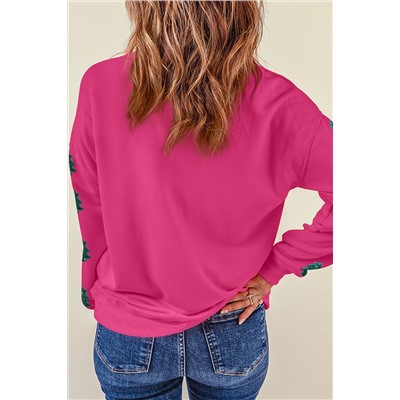 Strawberry Pink MERRY Christmas Tree Sequin Patchwork Sweatshirt