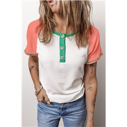 White Colorblock Textured Raglan Sleeve Henley T shirt