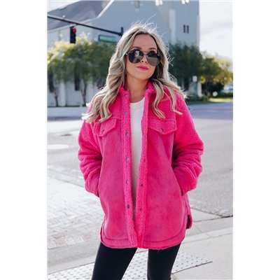 Bright Pink Faux Suede Sherpa Patchwork Button-up Shacket