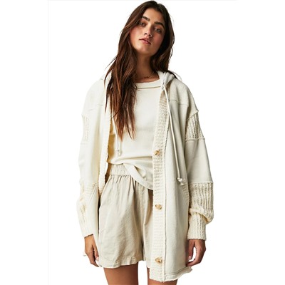 Beige Contrast Knit Patchwork Hooded Functional Coat