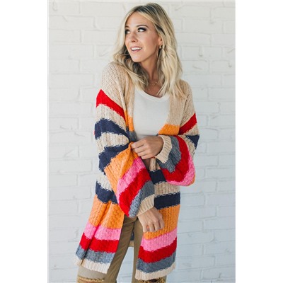 Stripes Knitted Balloon Sleeve Open Cardigan