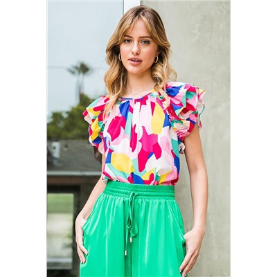 Multicolor Abstract Pattern Ruffle Short Sleeves Blouse