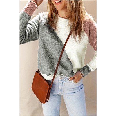 Gray Colorblock Ribbed Trim Round Neck Sweater