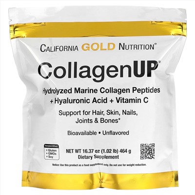 California Gold Nutrition, CollagenUP, морской гидролизованный коллаген, гиалуроновая кислота и витамин C, без вкусовых добавок, 464 г (16,37 унции)